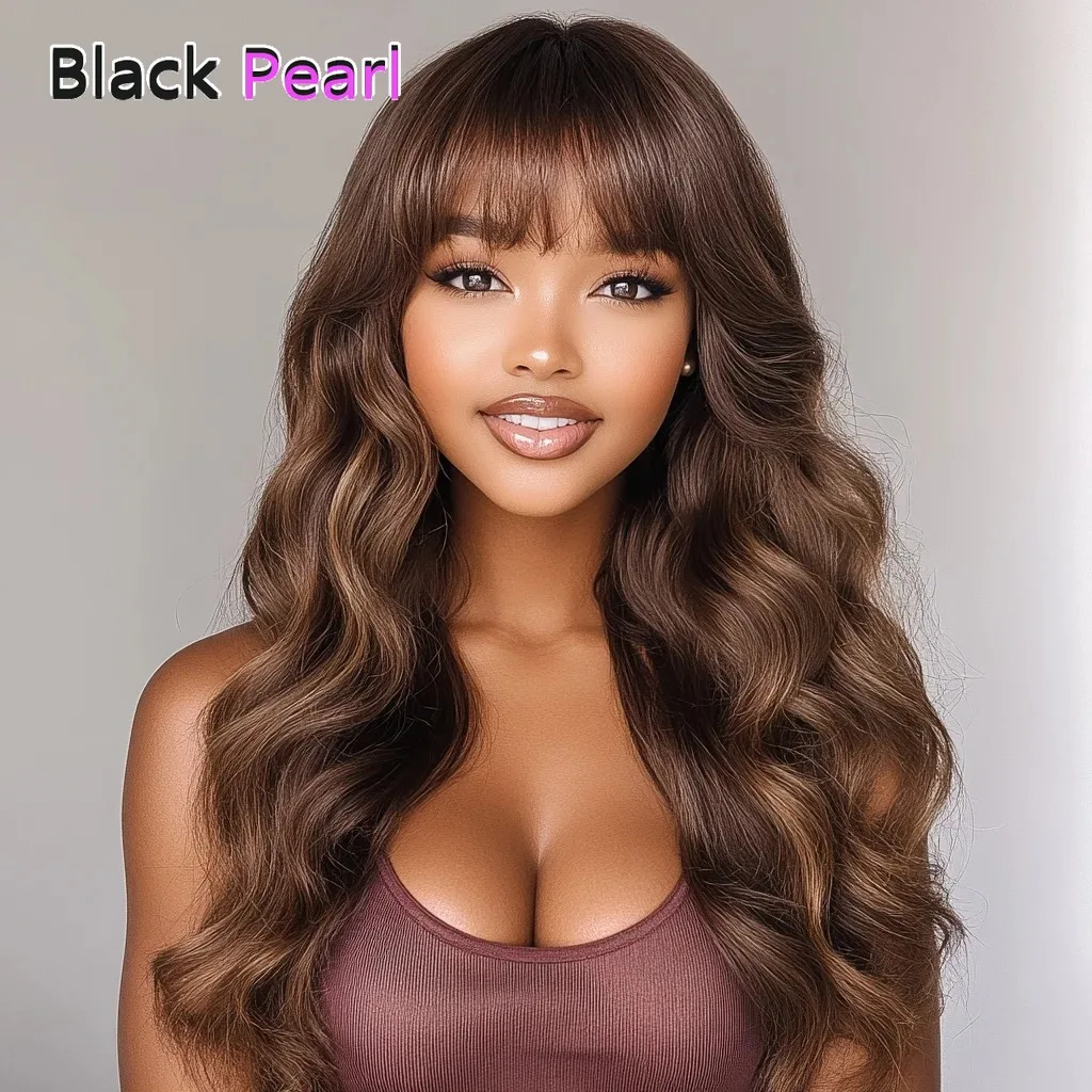 Top Trendy Brown Highlight Body Wave Wig with Bangs Best 180% Density Brazilian Remy 100% Human Hair Wigs With Bangs Natural Loo
