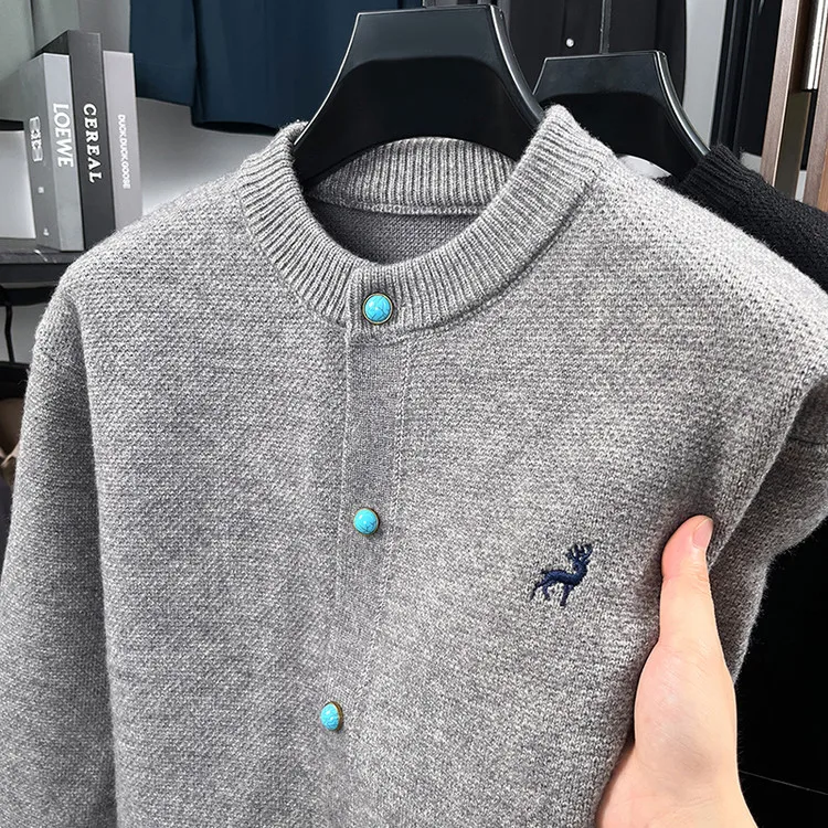 كارديجان مطرز مفتوح للرجال من بوليا، سترة محبوكة جديدة للربيع بياقة مستديرة، ملابس خارجية فضفاضة غير رسمية من ألياف البوليستر...