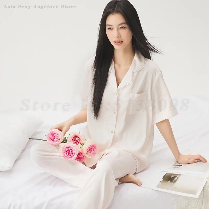2026 New Summer Pajamas Set Short Sleeve Top&pants 2Pcs Ice Silk Loungewear Women Printed Sleepwear Loose Home Clothes Nightwear 6