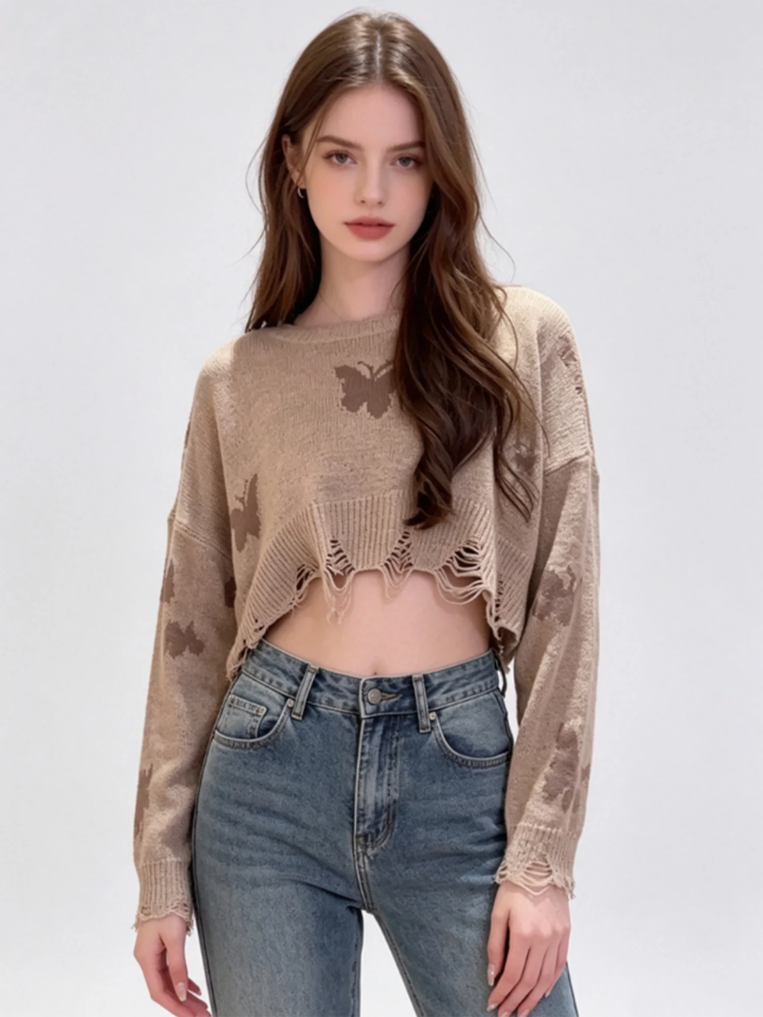 

Women Khaki Sweater Hollow-out Butterfly Knit Pullover Sweater Y2k Vintage Knitwear American Retro Cropped Top for Women Autumn