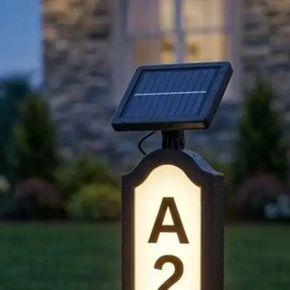 Modern Solar Powered Ground Spike Doorplate Light for Exterior Home Identification with Sleek Black Frame Design