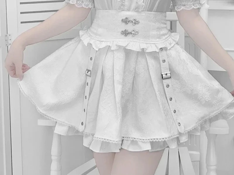 

Chinese Functional Style Sweet High Waist Slim Fit Versatile Mini A-Line Skirts Dark Pattern Metal Buckle Short Skirt Subculture