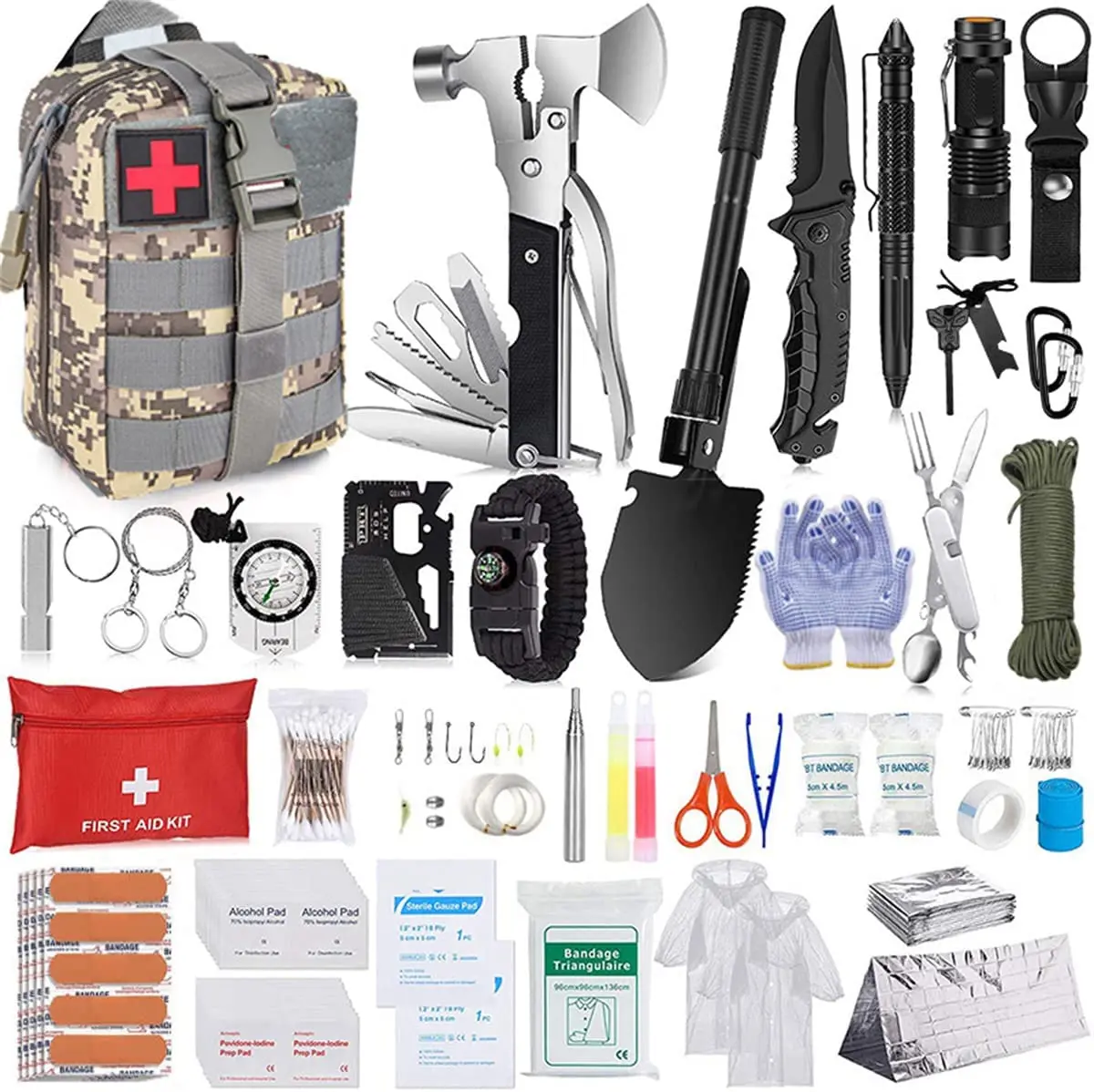 Kit de supervivencia de primeros auxilios, equipo de supervivencia de 105 piezas, con bolsa Compatible con sistema Molle y tienda de emergencia, Kit