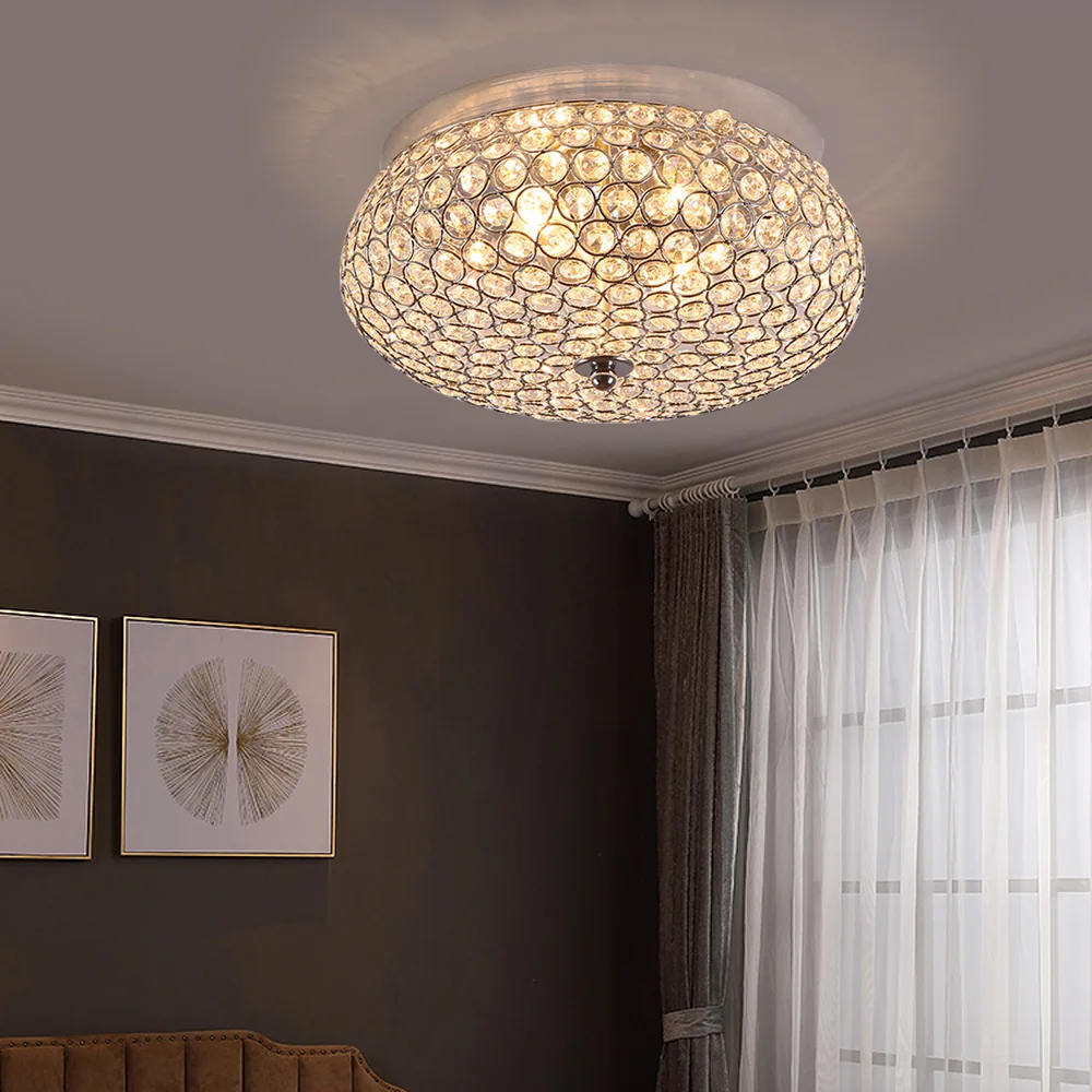 Crystal Ceiling Light LED Modern Luxury Flush Mount Chandelier Home Decor Lighting Fixture for Living Room Bedroom Round 30cm