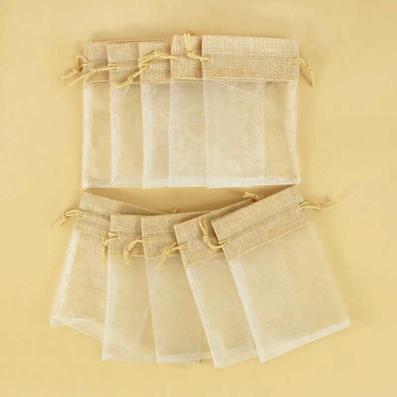 10pcs Linen Burlap Wedding Gift Organza Bags Drawstring Pocket Jute Pouch Packaging Bag For Wedding Favors Party Jewelry Pouches