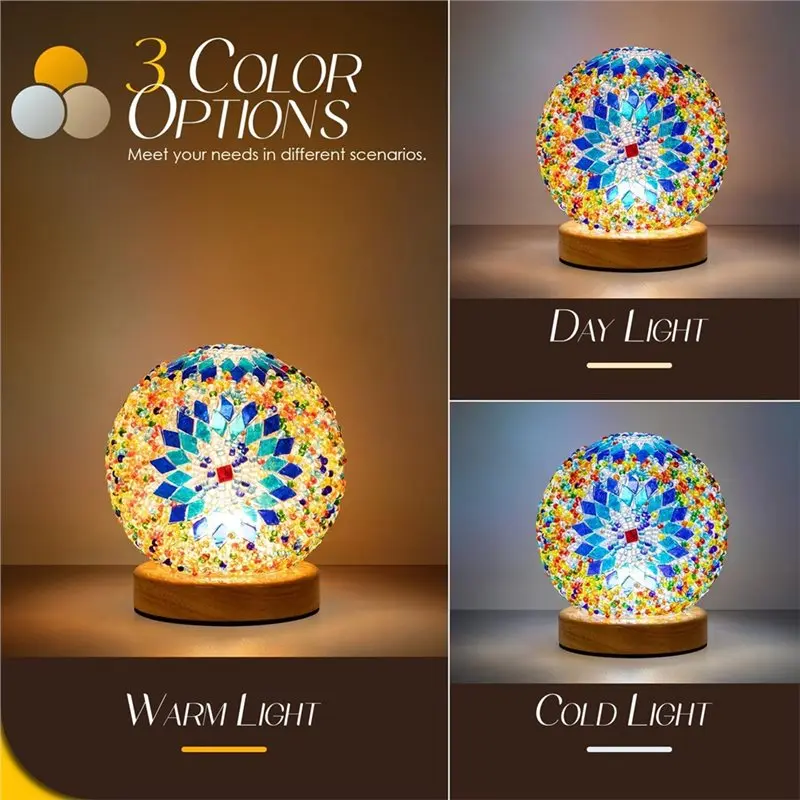 【A28I USB Powered 3 Color Temperature Bedside Lamp, Turkish Mosaic Lamp, Moroccan Glass Lantern Table Lamp For Bedroom Room