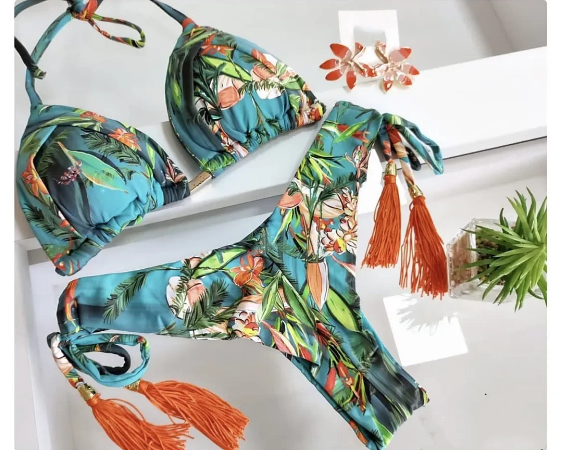 Nuovo costume da bagno da donna con stampa bikini con cinturino in nappa, costume da bagno da donna all'uncinetto