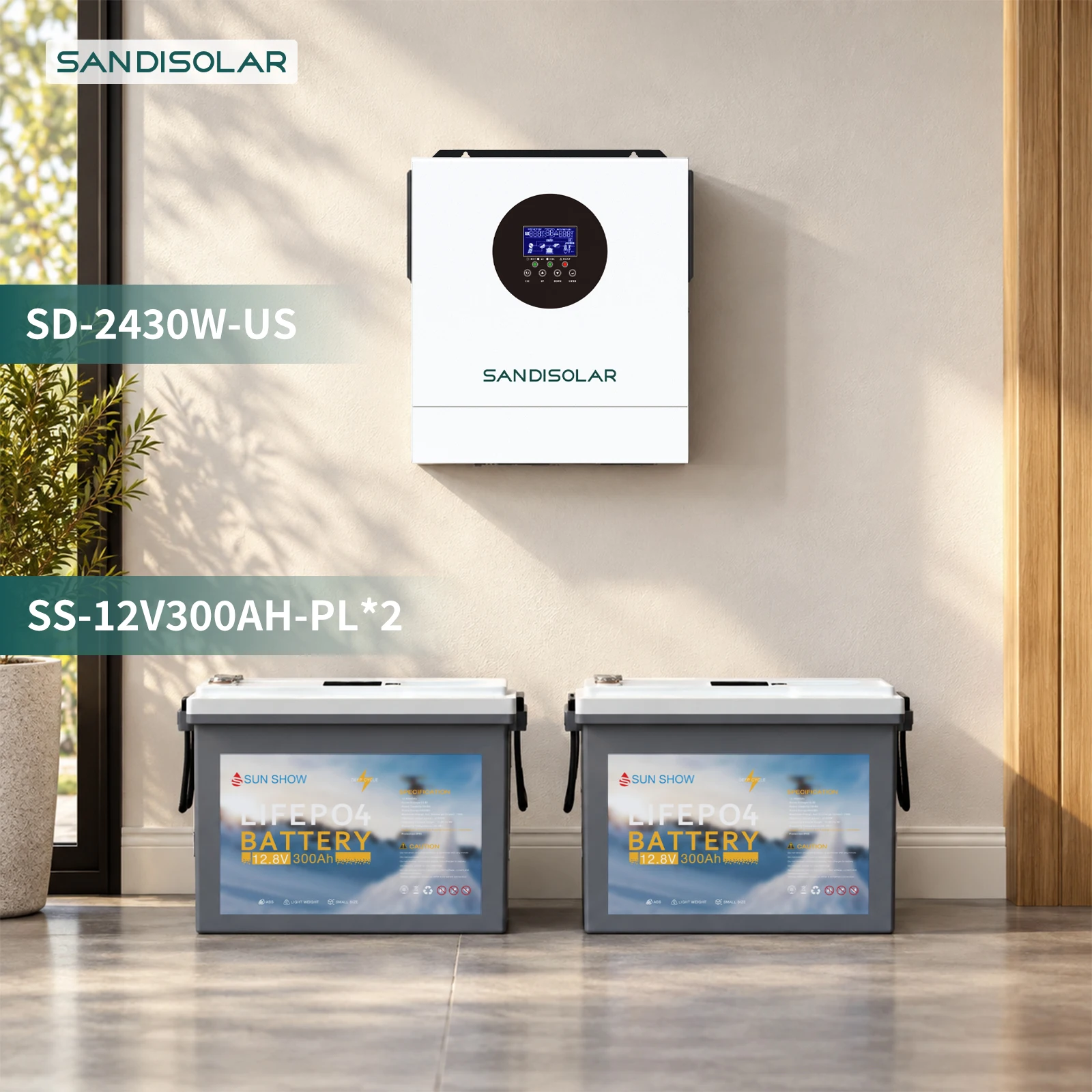 SANDISOLAR 3KW Solar Inverter +2pcs 12.8V 300Ah LiFePO4 Lithium Iron Phosphate Deep Cycle Battery 3840Wh for RV Solar Energy Storage System 6000 Cycles