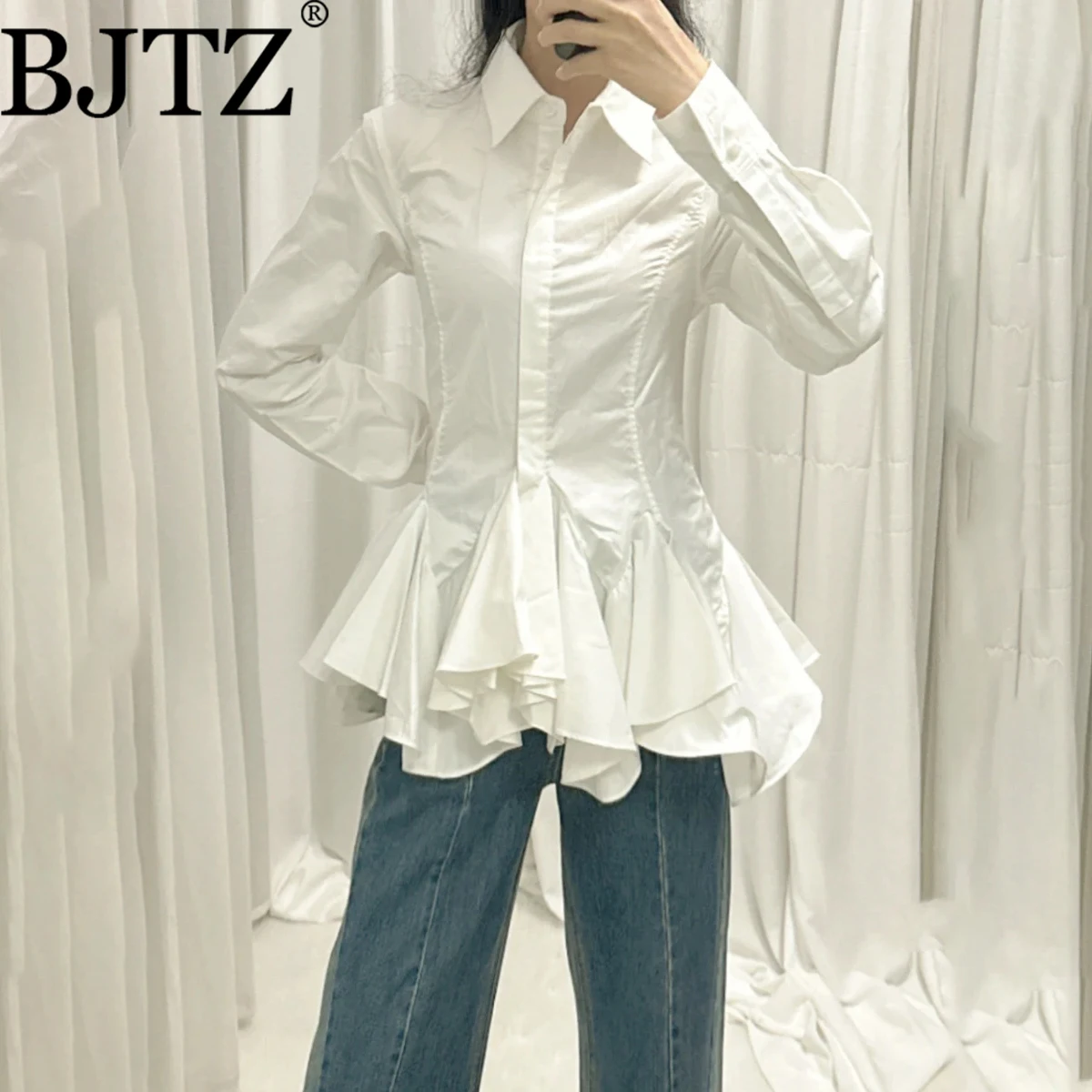 

BJTZ женская элегантная блузка с рюшами и длинными рукавами, однотонная, с завязкой на талии, шикарный офисный дизайнерский топ на весну и осень