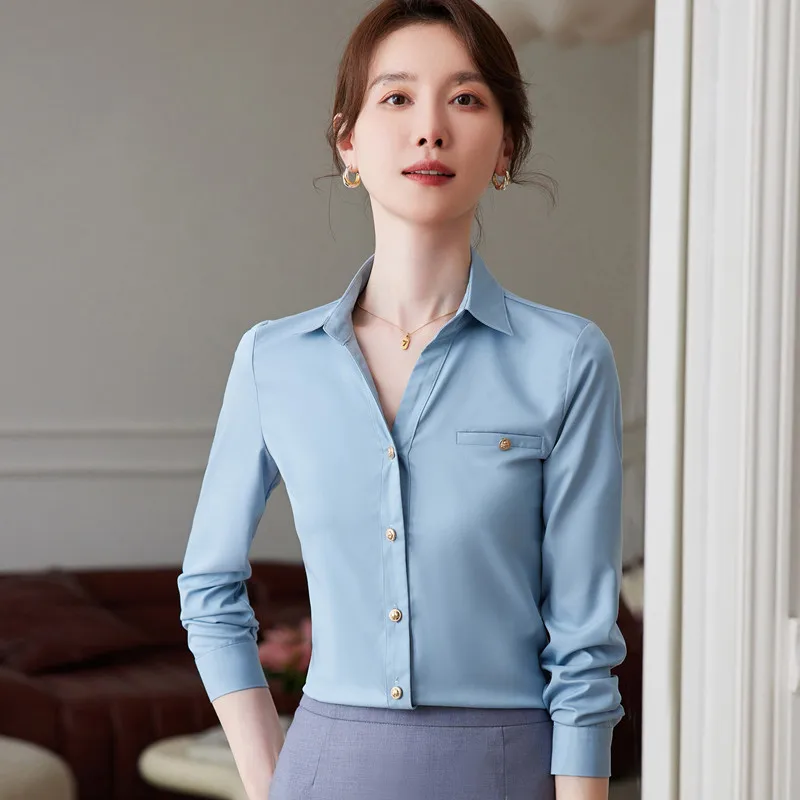 NAVIU White Shirt Women New 2023 Spring Fashion Temprament Slim V Neck Formal Long Sleeve Blouses Office Ladies Work Tops