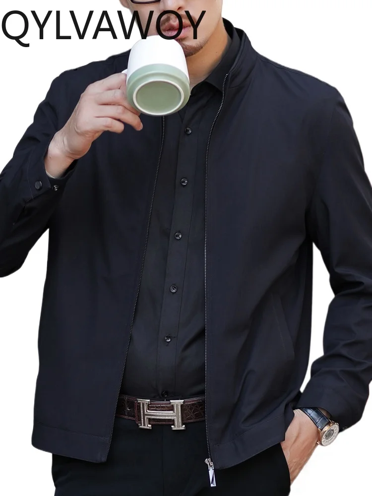 

QYLVAWOY Autumn Men's Stand-Up Collar Jacket Spring Autumn Middle-Aged Elderly Classic Style Mid-Age Dad's Outfit Top LJ2268