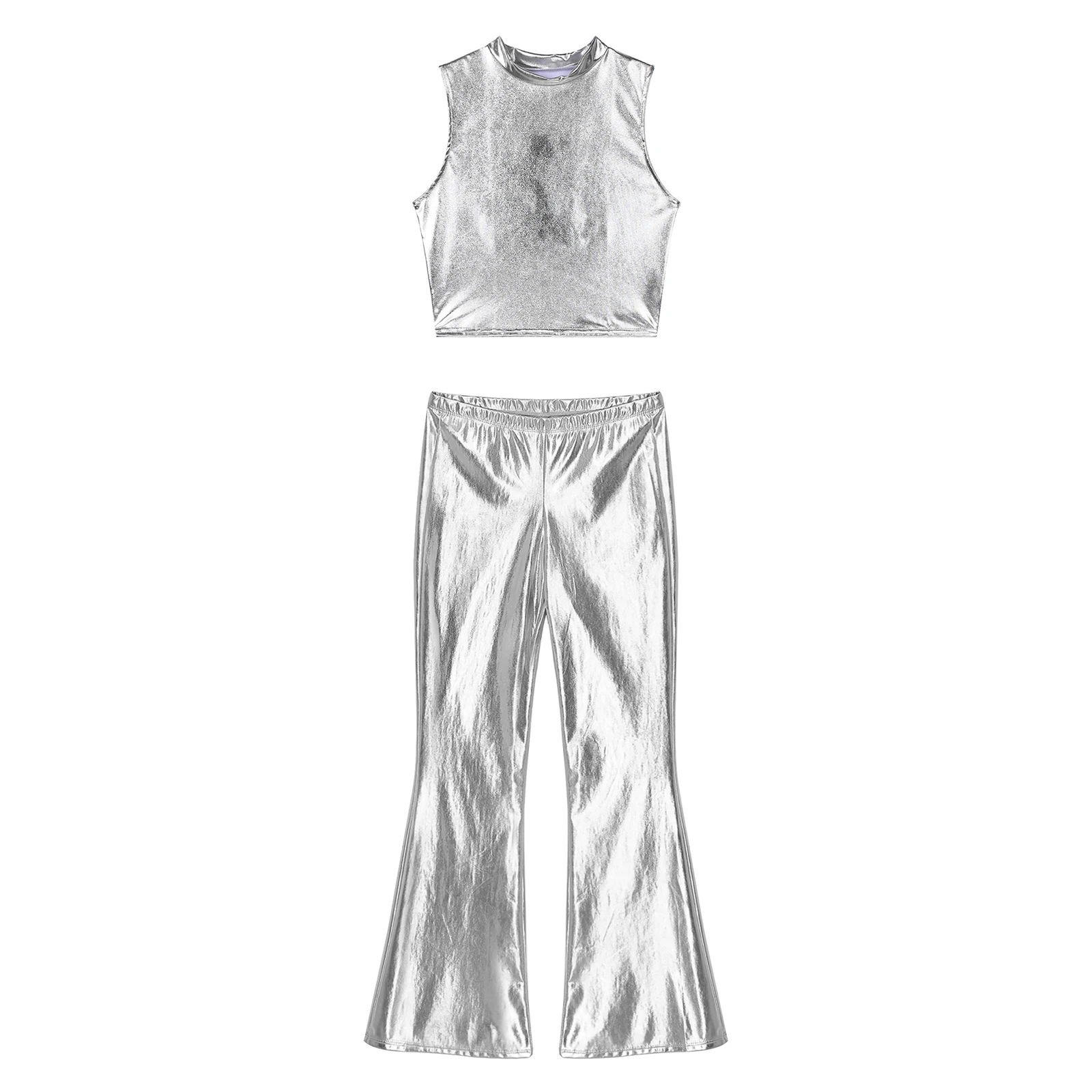 Shiny Women Metallic 70s 80s Disco Dance Outfits Party Sleeveless Slim Vest Bell-bottom Flared Pants Set for Stage Performance