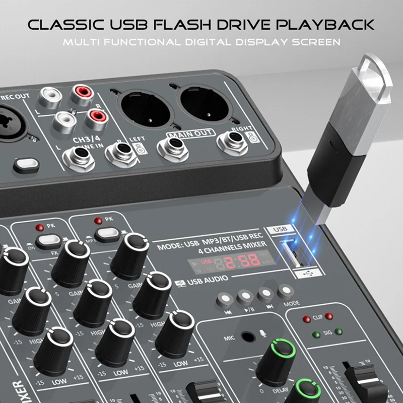 4 Channel Audio Mixer 48V Phantom Power USB Studio Sound Mixers Bluetooth DJ Console Mixing for Karaok-A26I