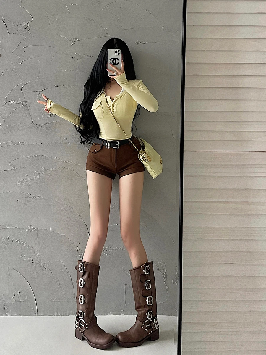 

Sexy American Style Hot Girl High Waist Tight Fitting Short Pants Workwear Shorts Butt Covering Hot Pants with Belt Trendy