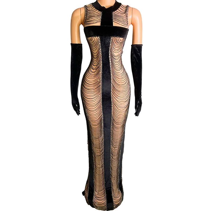 

Birthday Elegant Temperament Stage Performance Party Color Matching Naked Sleeveless And Floor Dress Vestidos De Noche Elegantes