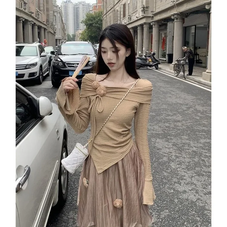 Fashion Irregular Long Sleeve Slim Fit Tops Women+ Y2k E-Girl High Waist Ruched A-line Skirts 2024 Autumn Two Piece Sets