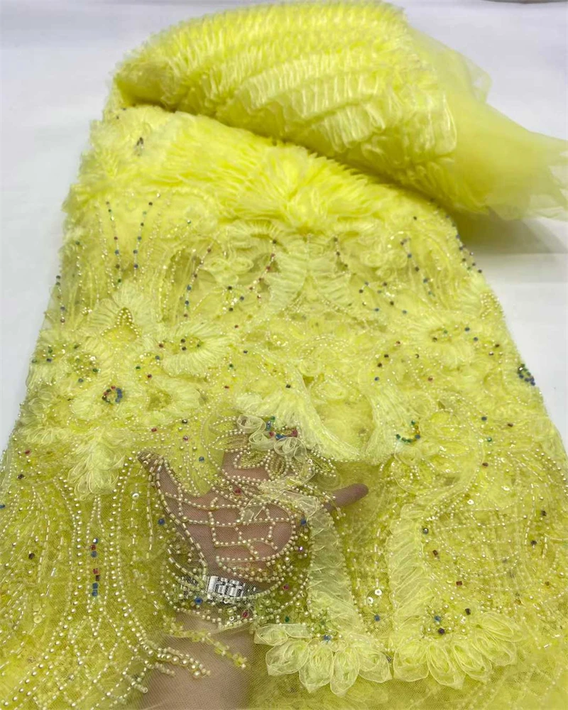 

3D African Beaded Lace Fabric 5 Yards Nigerian Tulle Sequined for Women's Wedding Dresses Party Sewing