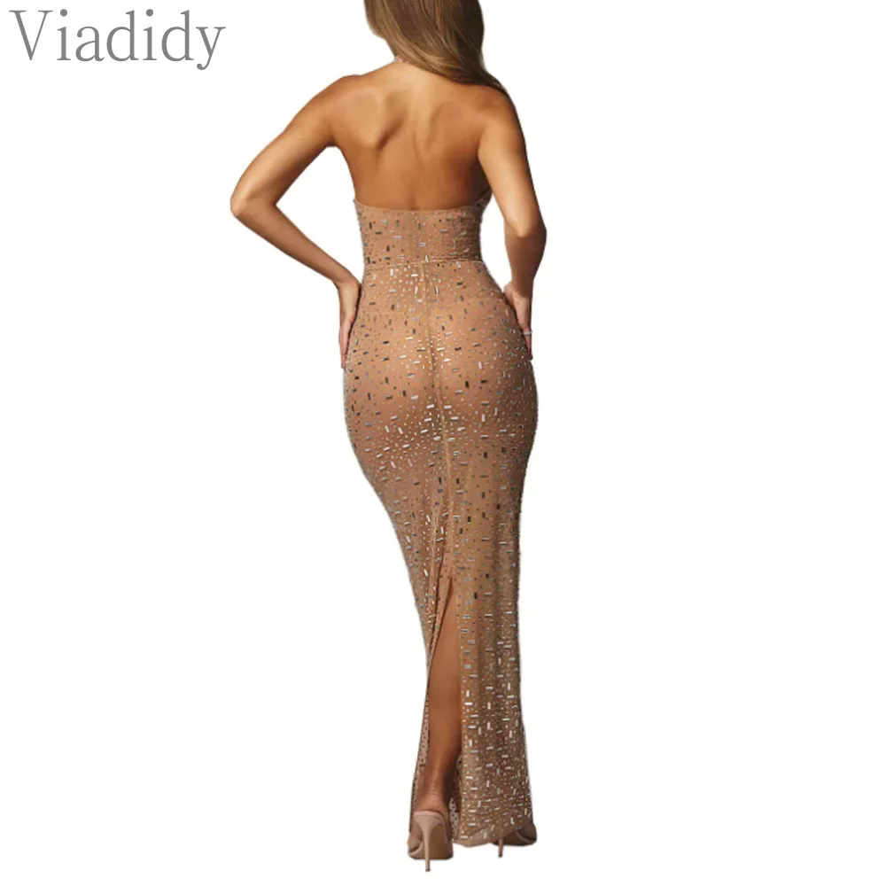 女性のセクシーなシースルーメッシュバックレスラインストーン装飾ホルターフロアレングスパーティードレス