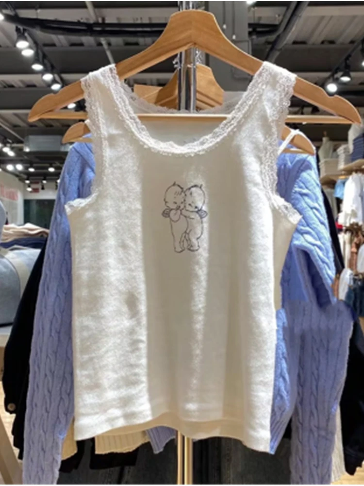 

Женский короткий топ с кружевными краями, белый Повседневный облегающий Топ без рукавов с мультяшным принтом, Y2k, лето 2023
