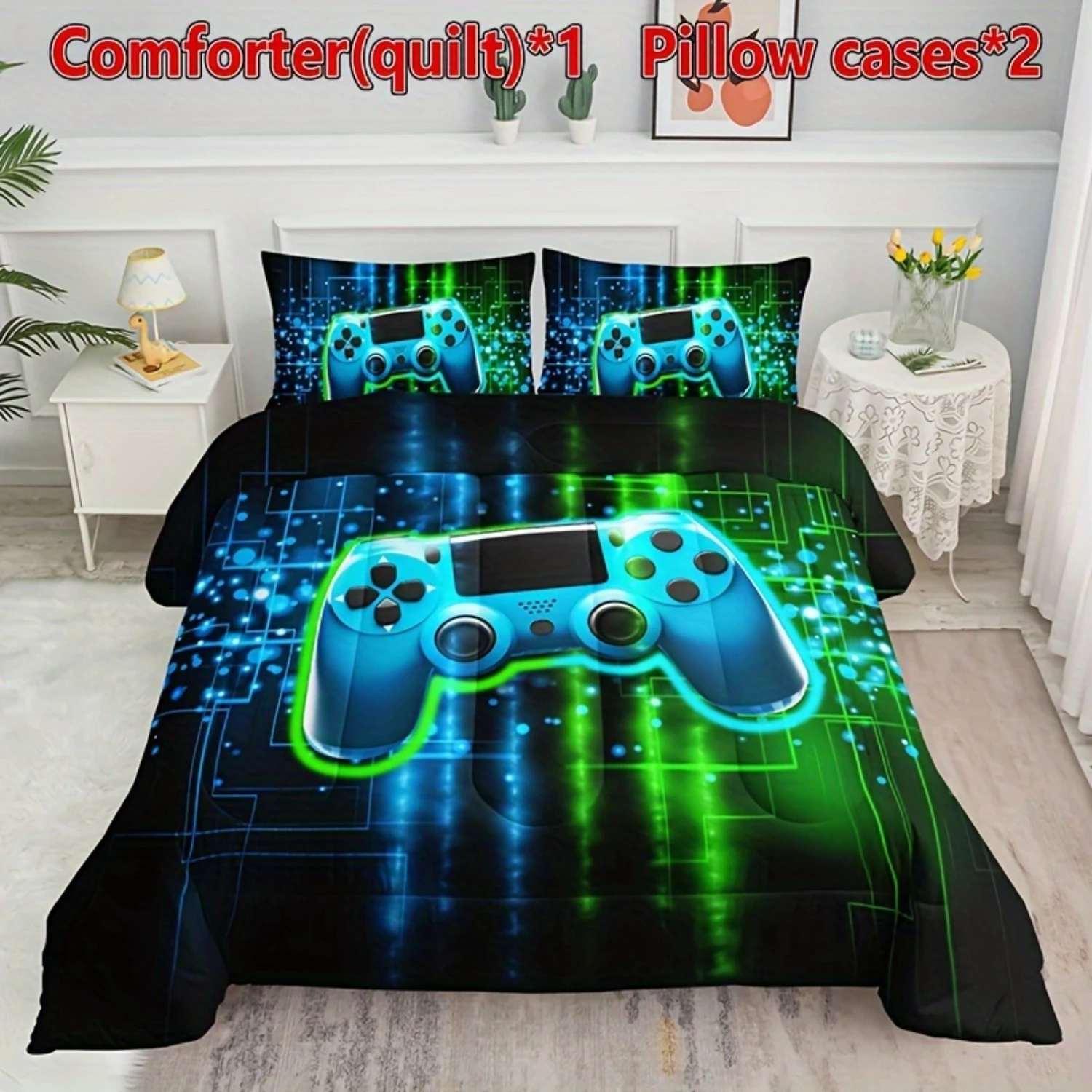 3-Piece Video Gamer Comforter Bedding Set - Soft 100% Polyester, Sanded Craftsmanship, Digital Printing, Machine Washable, Green