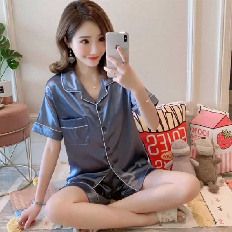 Sommer Damen Lockerer Minimalistischer Seiden-Pyjama 2-teiliges Set Bequeme Kühlende Loungewear für Mädchen Einfache Hauskleidung