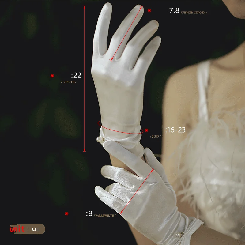 Weiße Satin-Handschuhe für Hochzeitskleider, kurze, elegante Blütenblatt-Perlen-Schleifen-Netz-Handschuhe, vielseitiges Fotozubehör, Perlen-Retro – Detail 1