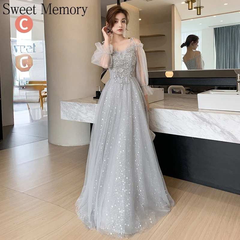 New Bling Grey Graduation Dresses Wedding Party Gown Lady Off The Shoulder Tulle Vestido Woman Elegant Bridemaid Dress