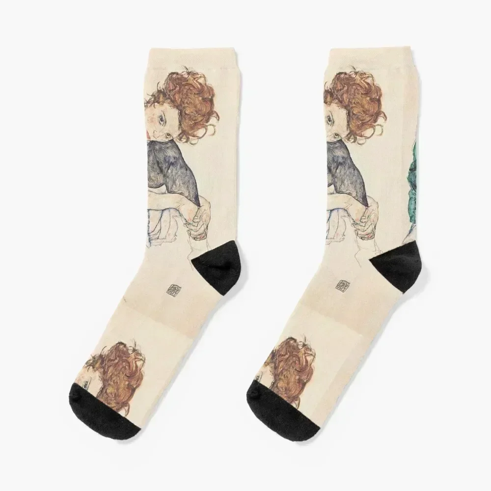 

SEATED WOMAN WITH BENT KNEE - EGON SCHIELE Socks anime colored Soccer Socks For Man Women's