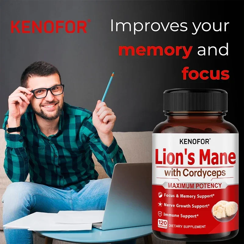 Kenofor Lion\'s Mane Cordyceps Extract Capsules - Immune Boost, Focus, Brain Booster and Nerve Growth Support Dietary Supplement