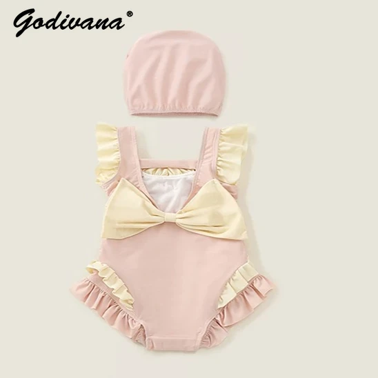 

Sweet Baby Girls Summer 2026 New Quick Dry One Piece Swimwear Kids Fashion Ruffle Trim Cute Bow Soft Princess Swimsuit with Cap