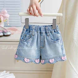 Children Girls Denim Shorts 2024 New Summer Love Heart Design Hot Pants Casual Korean Style Kids Girl Short Jeans Blue Shorts