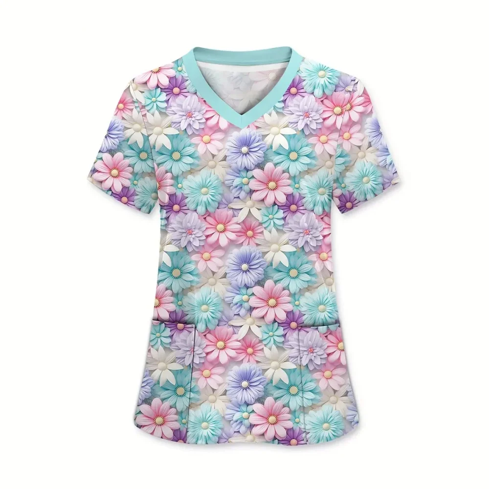 Moda floral impressão uniformes cirúrgicos mulher microelástica com decote em v uniforme clínico dental verão manga curta topos feminino esfrega