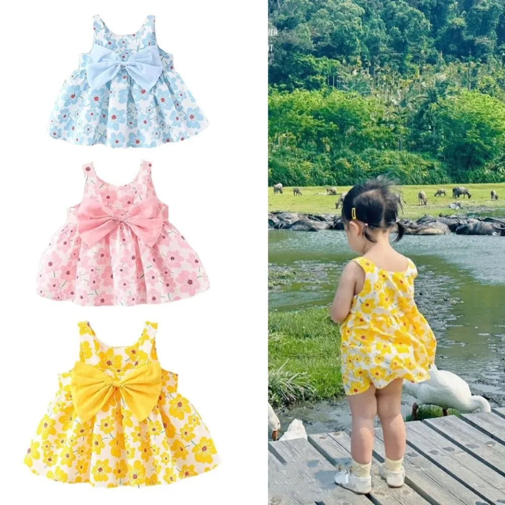 فستان الأميرة الأنيق للفتيات الصغيرات بعقدة على شكل فيونكة فستان صيفي من القطن مزين بالزهور مع قبعة فستان جميل فضفاض للأطفال على شكل زهرة لقضاء عطلة على الشاطئ