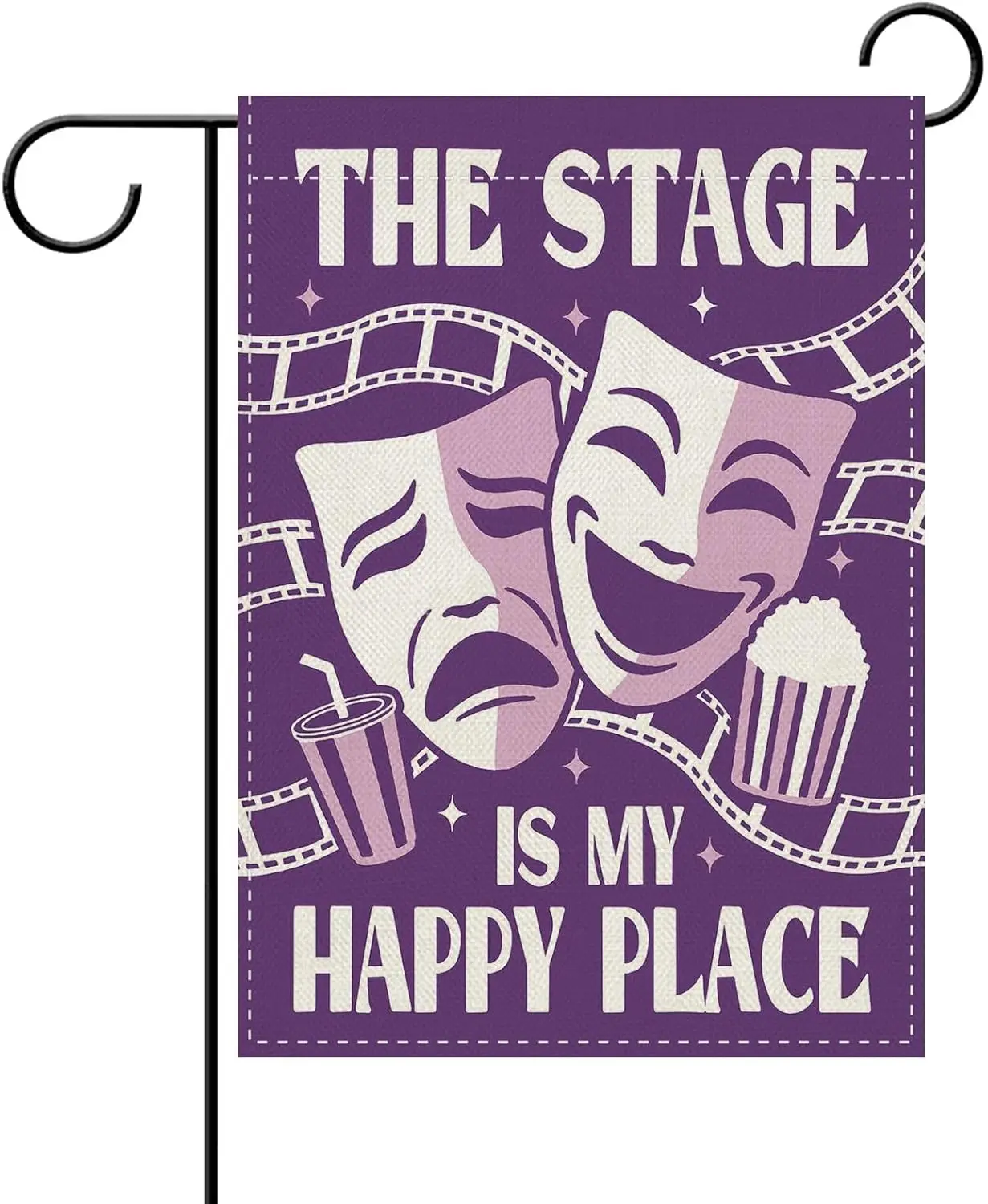 Dyrenson The Stage is My Happy Place Theater Garden Flag, Purple Drama Comedy Tragedy Mask Popcorn Film Reel Yard Outside Ho jjp
