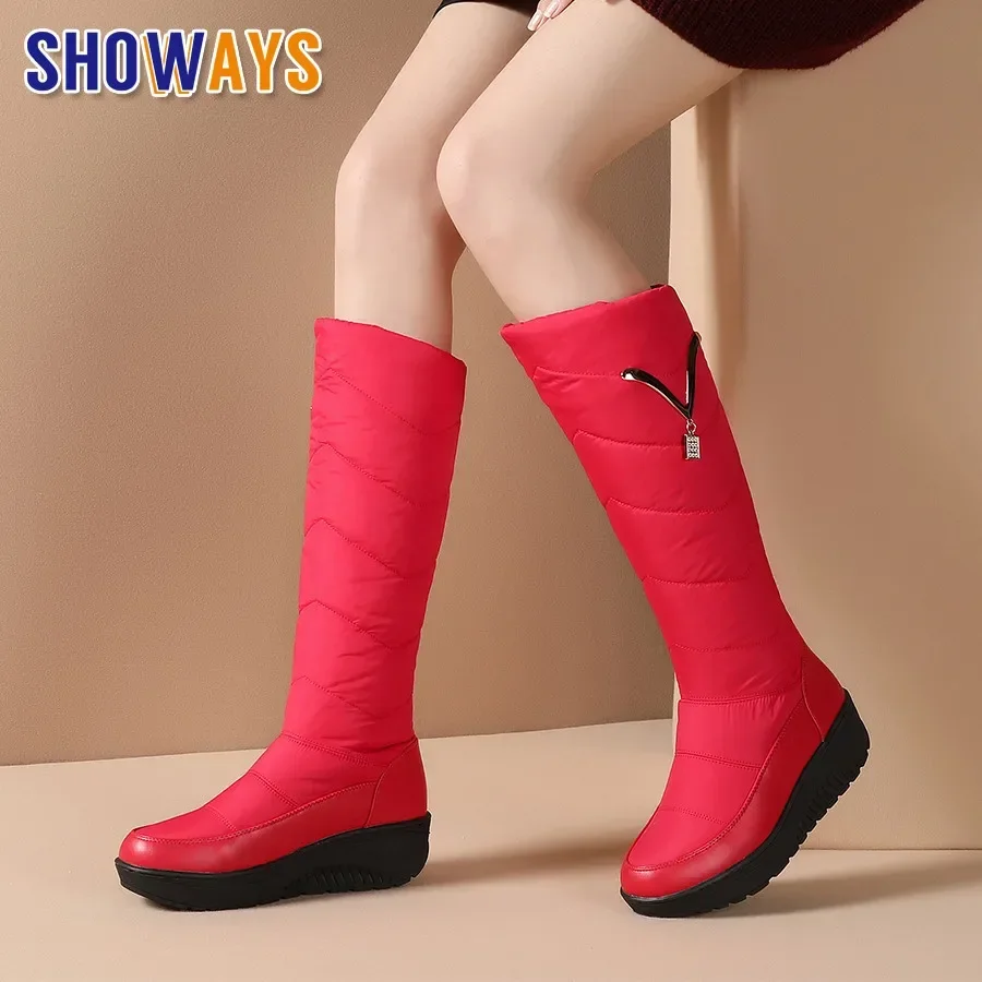 2025 Winter Women Snow Boots Fur Down Waterproof Black Red Blue Casual Outdoor Platform Wedge Heel Metal Dec Lady Mid-calf Boots