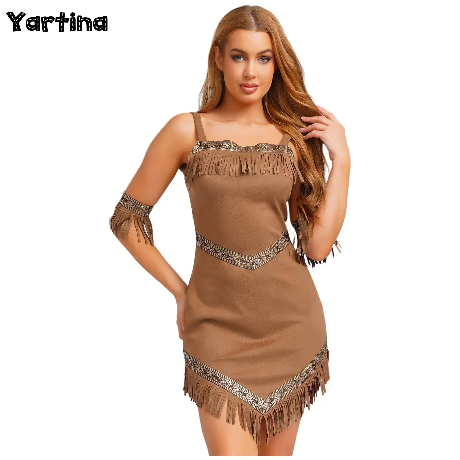 

Женские индийские коренные костюмы пещерного человека Savage, платье принцессы индейского племени с повязками на руку, ретро платье с кисточками на Хэллоуин