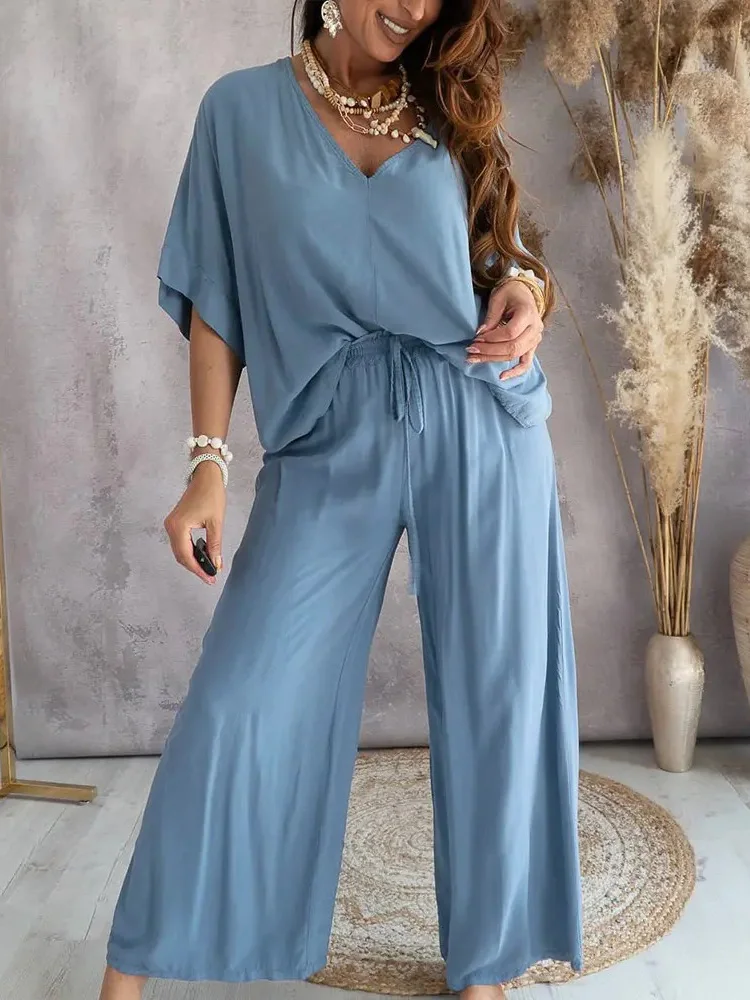 Women Three Quarter Sleeve Tops Loose Long Pants Suit 2023 Casual Streetwear Elastic Waist Set Female Solid Chic Trousers Outfit