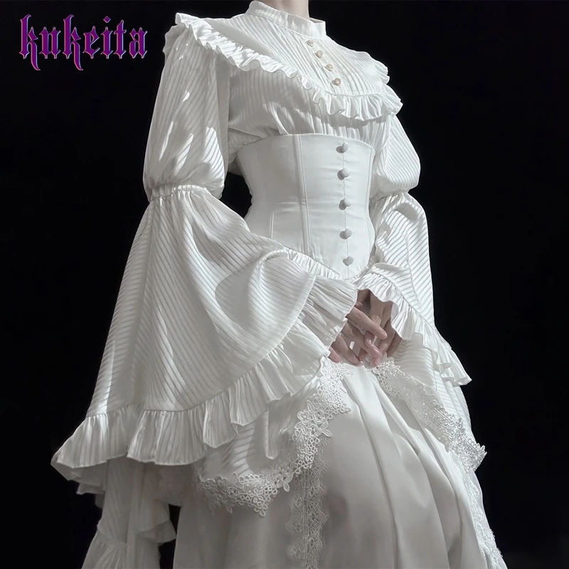 

Kukeita Gothic Style Flare Sleeve Shirts Cosplay Slim High Waist Lace Pleated Black White Long Skirts Women Lolita Y2k 2PC Sets