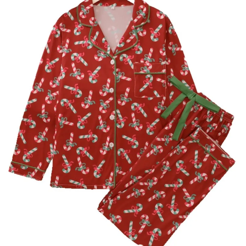 autumn-christmas-printed-lapel-collar-long-sleeved-trousers-european-and-american-cardigan-pajamas-foreign-trade-women's-pajamas
