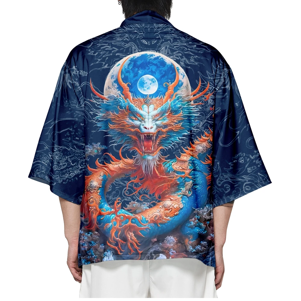 Plus Size 6XL 5XL 4XL Japanese Streetwear Cardigan Women Men Harajuku Anime Dragon Print Haori Cosplay Kimono Shirts Blue Yukata