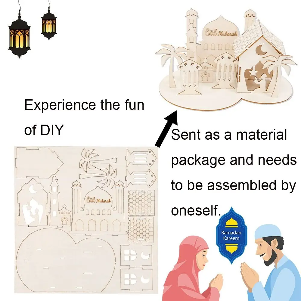 Decorative Wooden Castle Ornaments Removable Handmade Eid Mubarak DIY Craft Ramadan Table Ornaments Eid Mubarak Decor