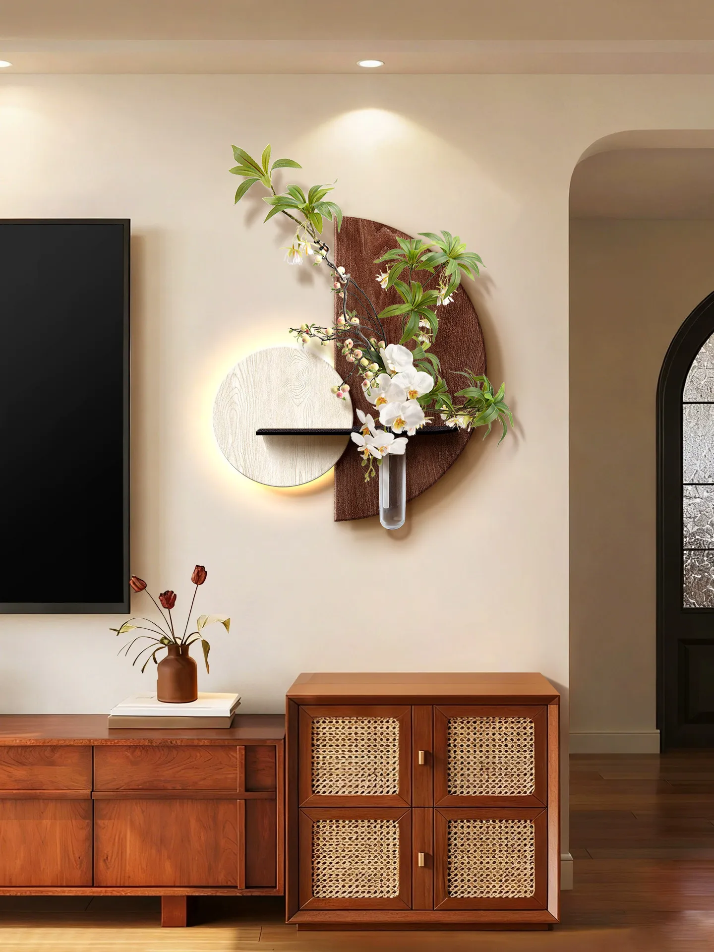 Hydroponic green plants, ancient style background wall decoration, three-dimensional hanging painting, entrance wall lamp paint