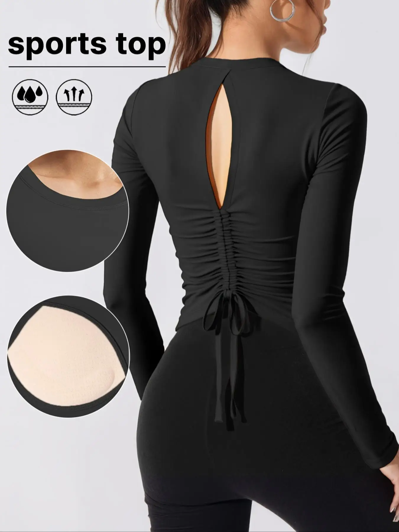 Women's long - sleeve sports top with a chest pad - moisture - wicking, featuring a sexy open - back cut and ruched drawstring d