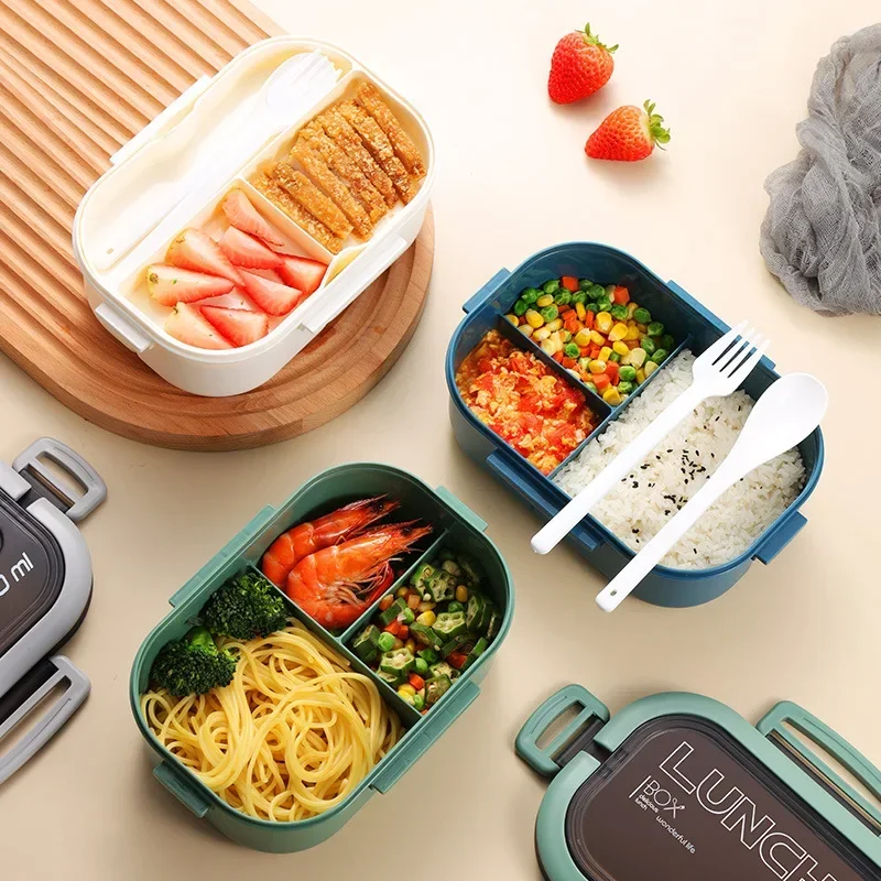 

1pc Bento Box, Double Layered Lunch Box with Spoon & Fork, High Capacity Food Containers, Leakproof Eco-Friendly