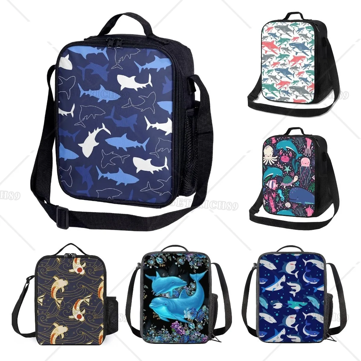 Fish Shark Insulated Lunch Box for Boys Kids Leakproof Reusable Blue Thermal Lunch Bag Ocean Animal for School Work