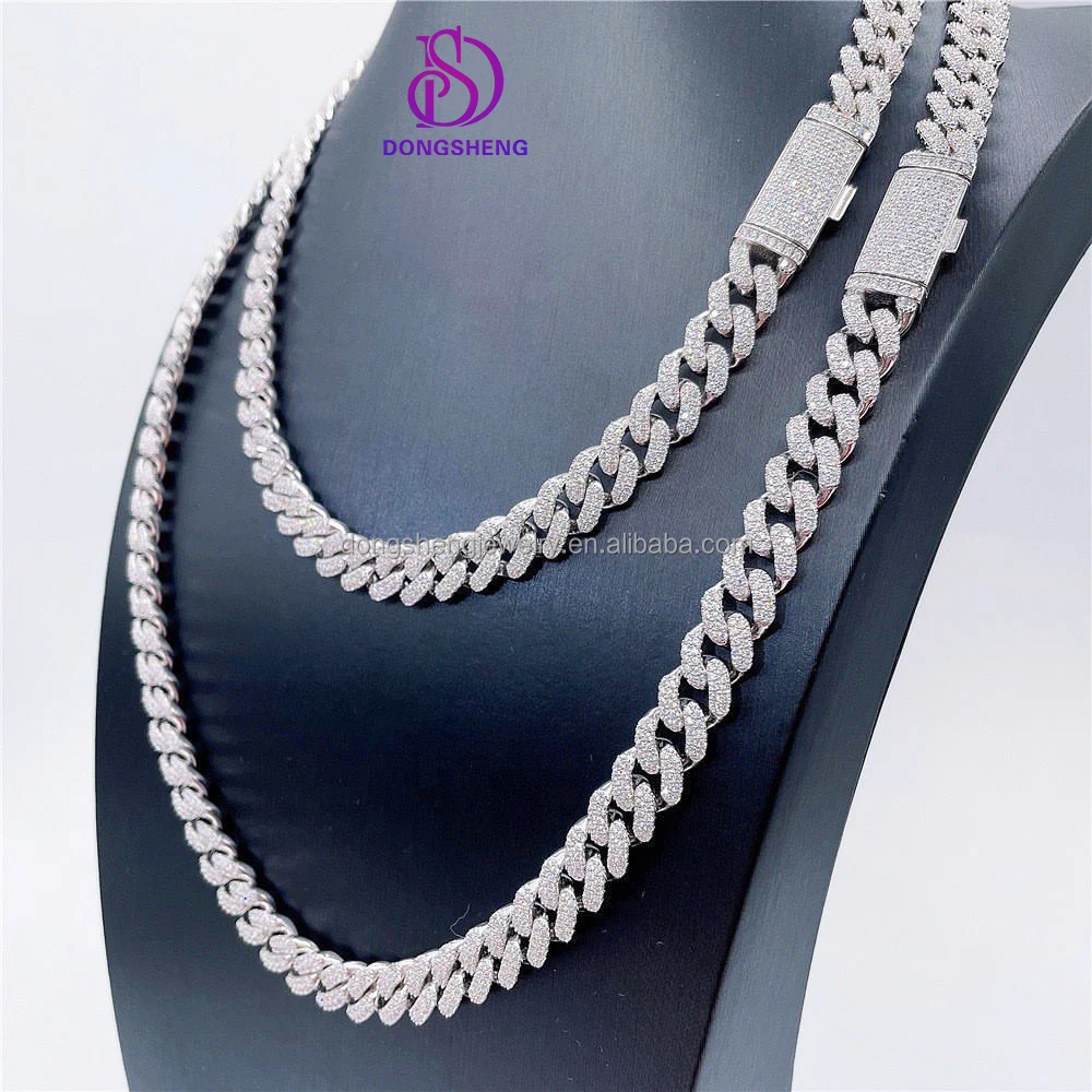 Iced Out Jewelry Cuban Link Chain 10mm S925 Silver Dual Rows Brillant Diamond Round Cut Clear Moissanite Cuban Necklace