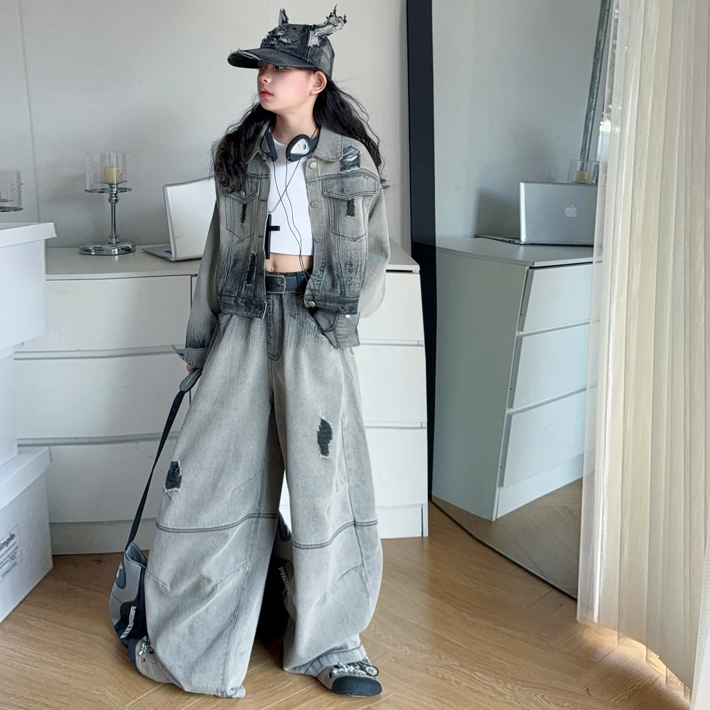 

Kids Girl 2pcs Denim Outfit Autumn Junior Girl Contrast Color Long Sleeve Coat School Girl Ripped Wide Leg Jean 4-14Y Girl Set