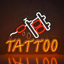 Tattoo Machine with Red Ink Drops Neon Sign 68 Vintage Style LED Light for Tattoo Studio Home Bar Salon Decor Wall Art Gift