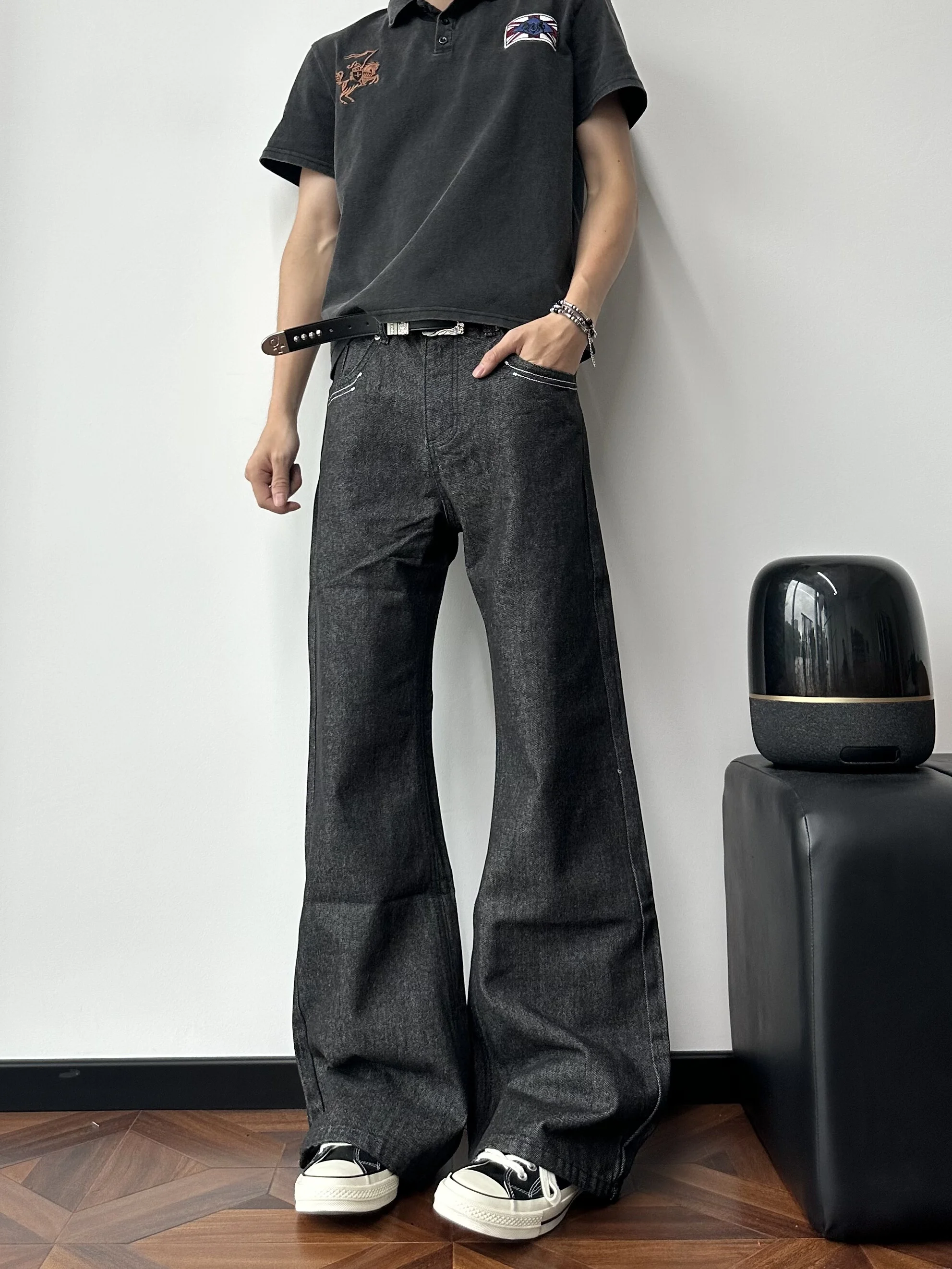 Retro American Streetwear Slim Fit Embroidered Flared Original Jeans CleanFit Loose Washed Long Trousers for Men Youth Jeans