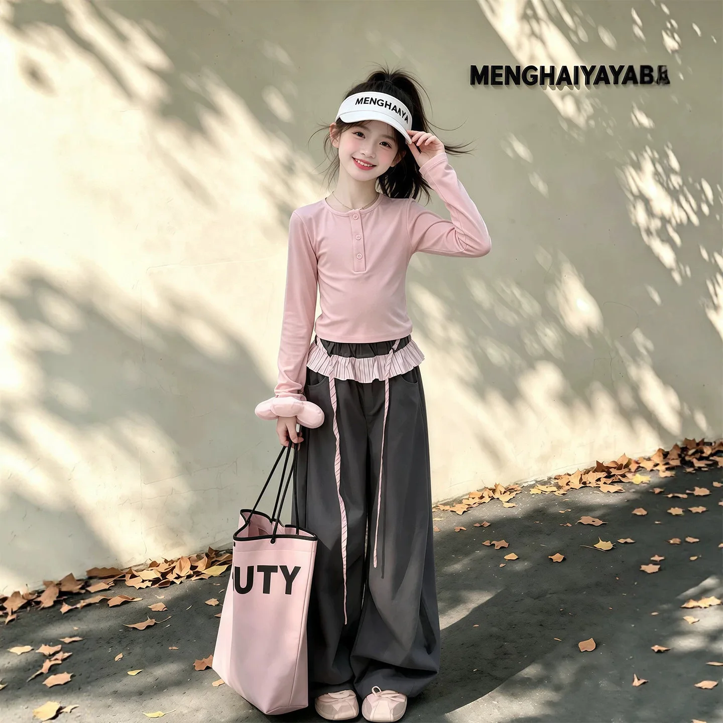 2026 NEW Autumn Winter Girls Child Set Teens SLIM Sweatshirt T Shirt Crop Top Pink + Loose Wide Leg Pants Tracksuit 4 12 15 Year